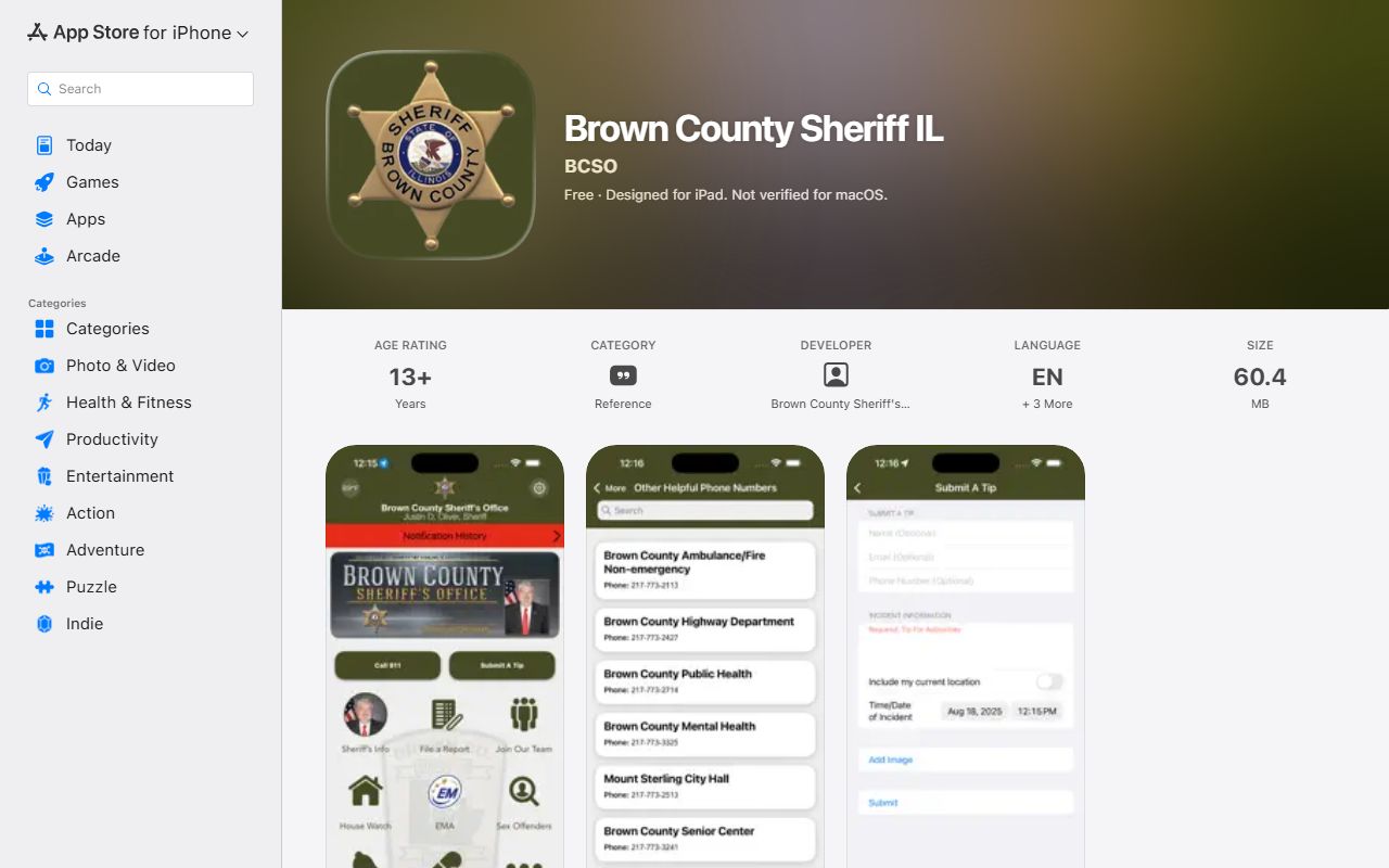 Brown County Sheriff IL app listing for public safety updates and tips